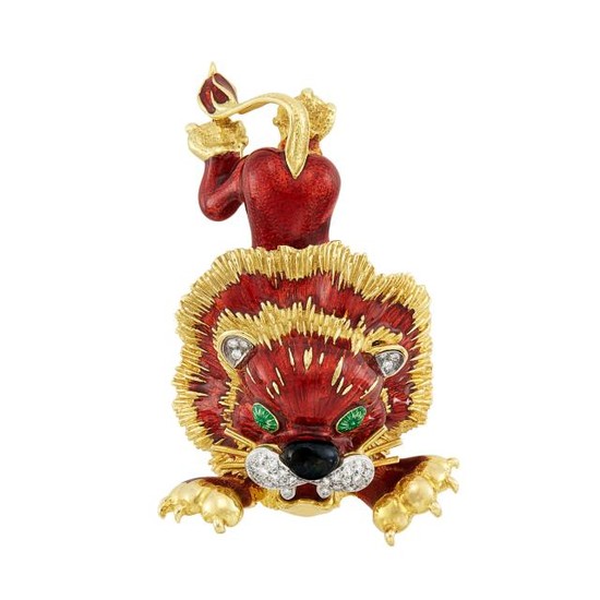 Gold, Enamel and Diamond Lion Clip-Brooch, Hammerman Brothers