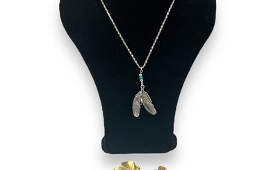 Gold-Filled Leaf Brooch and Silver-Tone Feather Necklace