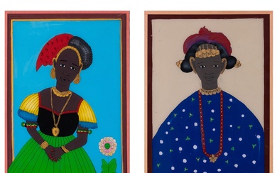 Gora Mbengue (1931-1988, Sénégal) Lot de deux peintures fixées sous verre