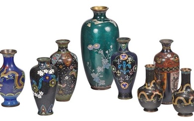 Group of Eight Asian Cloisonne Vases