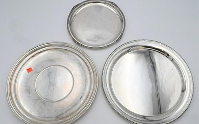Group of Three Large Silver Round Trays, largest marked