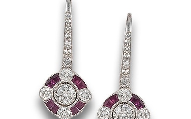 HANGING EARRINGS, ART DECO STYLE, WITH DIAMONDS AND RUBIES, IN WHITE GOLD