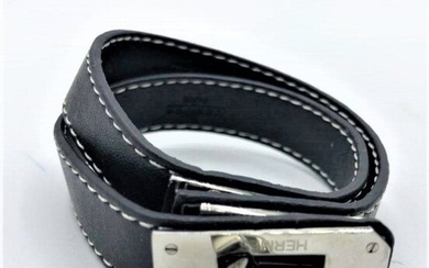 HERMES Black Leather and Chrome Bracelet