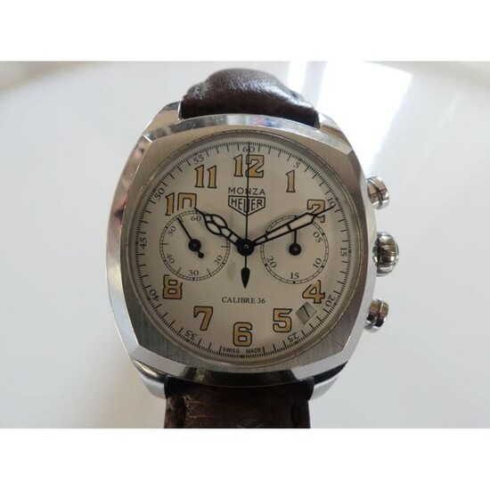 HEUER. Steel chronograph watch Monza model. Reissue calibre 36. Steel...
