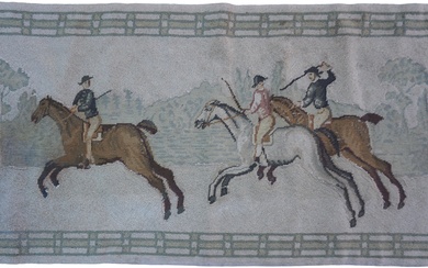 HOOKED RUG OF MIXED TECHNIQUE WITH EQUESTRIAN SCENE 3'4" x 1'9"