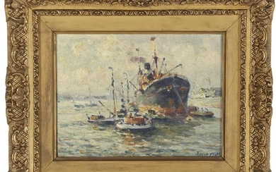 Harbor view with ships, canvas 20x25.5 cm