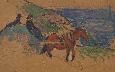 Henry MORET (1856-1913) "L'attelage" et "chaumière", suite de deux dessins au crayon non signés, l'un...