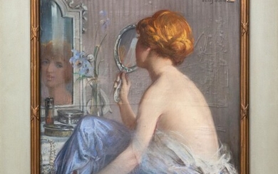 Henry MOTTEZ (1855- ?, ou Henri Paul MOTTEZ). Elégante au miroir, dans un intérieur. Pastel...