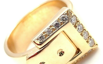 Hermes 18k Yellow Gold Diamond Buckle Band Ring Size 52