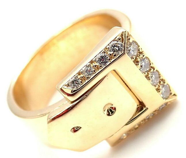 Hermes 18k Yellow Gold Diamond Buckle Band Ring Size 52