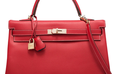 Hermès 35cm Rouge Casaque & Cobalt Epsom Leather Retourne...