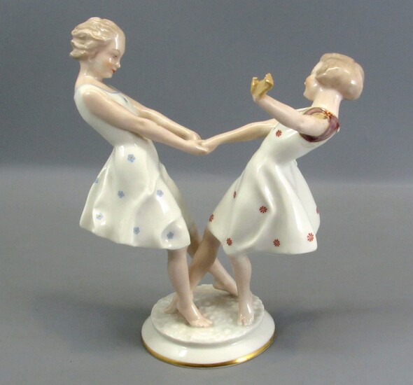 High Quality German Porcelain Figurine Made by Hutschenreuther of Two Maiden Dancers Designed by C. Werner