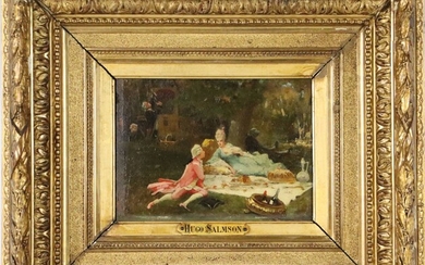 Hugo Fredrik SALMSON (1843-1894), attribué à. Couple galant dans un parc. Huile sur panneau de...