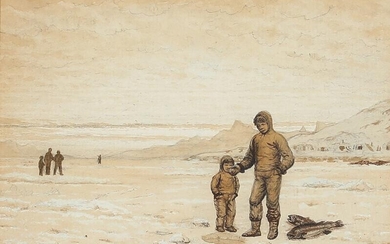 SOLD. I. E. C. Rasmussen: View from Greenland with a man and child fishing. Signed and dated. Pencil, drawing ink, wash, and gouache on paper. 13.5 x 20 cm. – Bruun Rasmussen Auctioneers of Fine Art