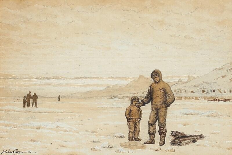 SOLD. I. E. C. Rasmussen: View from Greenland with a man and child fishing. Signed and dated. Pencil, drawing ink, wash, and gouache on paper. 13.5 x 20 cm. – Bruun Rasmussen Auctioneers of Fine Art