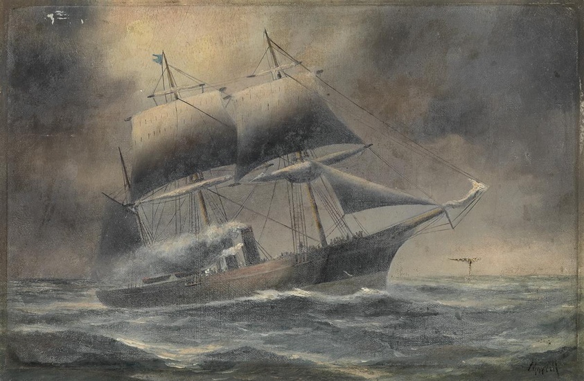 IMOGENE MORRELL Steamship at Sea against a Stormy Evening Sky. Oil on canvas....