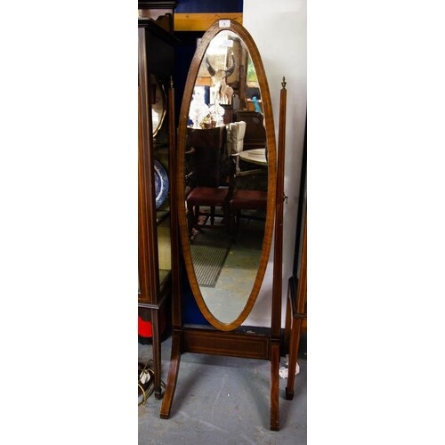 INLAID OVAL CHEVAL MIRROR. 150 CM HIGH X 50CM WIDE