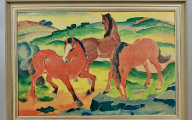 Impression d'après "Chevaux rouges" de Franz Marc, chevaux sauvages dans le paysage, 52 cm x...