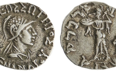 Indo-Greek Kingdom of Baktria. Menander I Soter (155-130 BC). AR Drachm. 2.5 gms. Draped bust r...