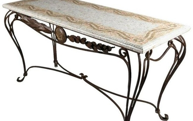 Italian Mosaic Tile Hall Table with Wrought Iron Base