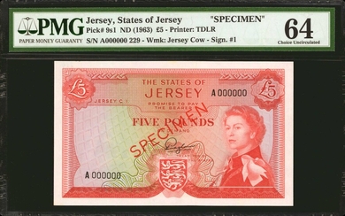 JERSEY. States of Jersey. 5 Pounds, ND (1963). P-9s1. Specimen. PMG Choice Uncirculated 64.
