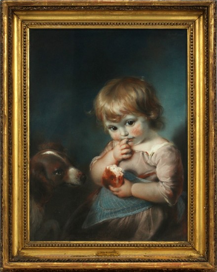 JOHN RUSSELL R.A. ENGLISH 1745 1806 PASTEL ON PAPER 24 17.7 1787 EYING HER BISCUIT