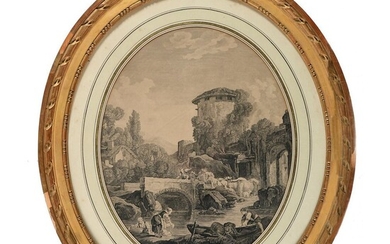 JOLIE PAIRE DE GRAVURES ovales représentant des scènes animées dans des paysages bucoliques. Cadre en...