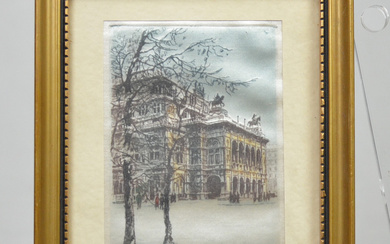 JOSEF RAUFIG. THE VIENNA OPERA, COLOR ETCHING ON SILK, EARLY 20TH CENTURY.