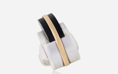 Jean Despres, Black onyx, silver, and gold ring