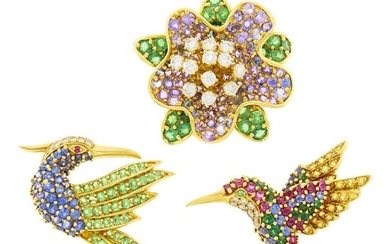 Jean Vitau Two Gold, Gem-Set and Diamond Bird Pins and Flower Pin