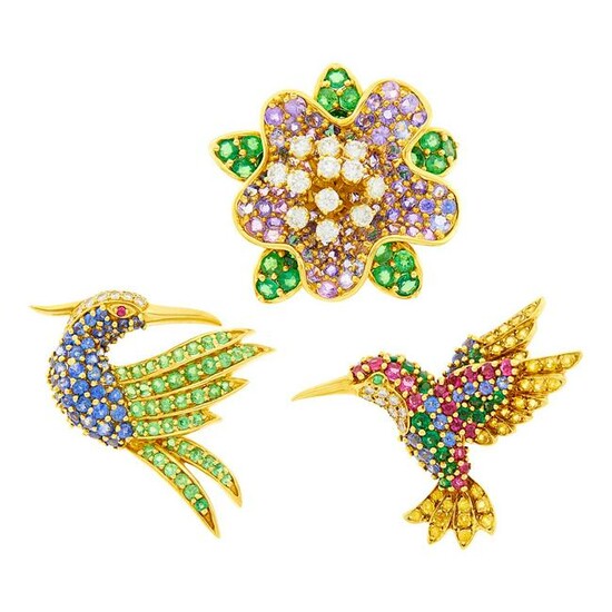Jean Vitau Two Gold, Gem-Set and Diamond Bird Pins and