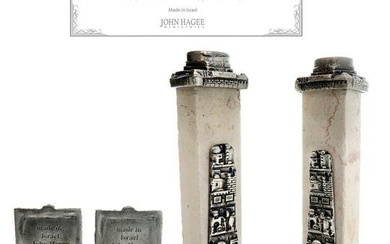 John Hagee Pair of Judaica Jerusalem Stone Candlesticks