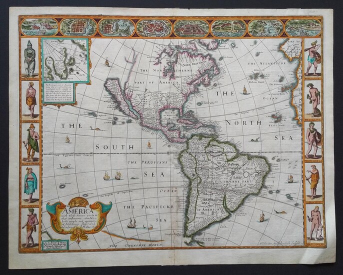 John Speed map of: AMERICA WITH THOSE KNOWN PARTS IN THAT UNKNOWNE WORLDE, BOTH PEOPLE AND MANNER OF BUILDINGS DISCRIBED AND INLARGED BY I.S. ANO. 1626 [actually 1676].