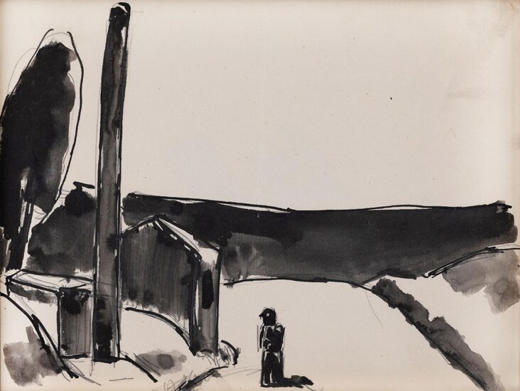Josef Herman OBE RA, British/Polish 1911-2000 - Figure in landscape, c.1955; ink on paper, 16.7 x 22.2 cm (ARR)