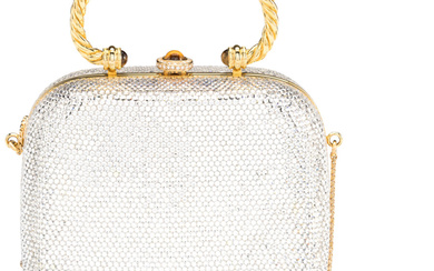 Judith Leiber White Crystal Minaudière with Gold Hardware Condition:...