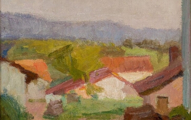 Jules-Émile Zingg, French 1882-1942- Le petit hameau; oil on canvas laid down on board, signed lower left; bears a stamp on the reverse, 13.5x18cm (ARR) Provenance: Eric Pillon, Calais, 16 March 2003, lot 151; Private Collection, London; thence by...