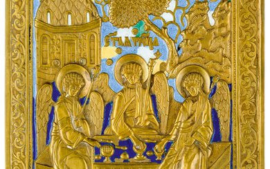 LARGE RUSSIAN METAL-ICON SHOWING THE HOLY TRINITY (OLD TESTAMENT TYPE)