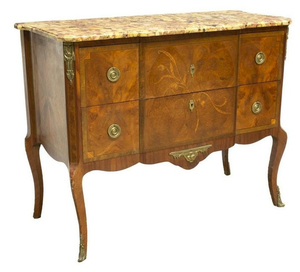 LOUIS XVI STYLE MARBLE-TOP MARQUETRY COMMODE