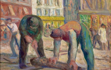 Maximilien LUCE Travaux sur la chaussée, les charpentiers - circa 1930-1935 Huile sur toile h:38.0...