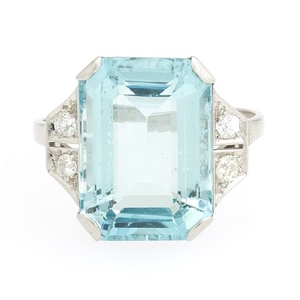 Ladies' Art Deco Platinum, Aquamarine and Diamond Cocktail Ring