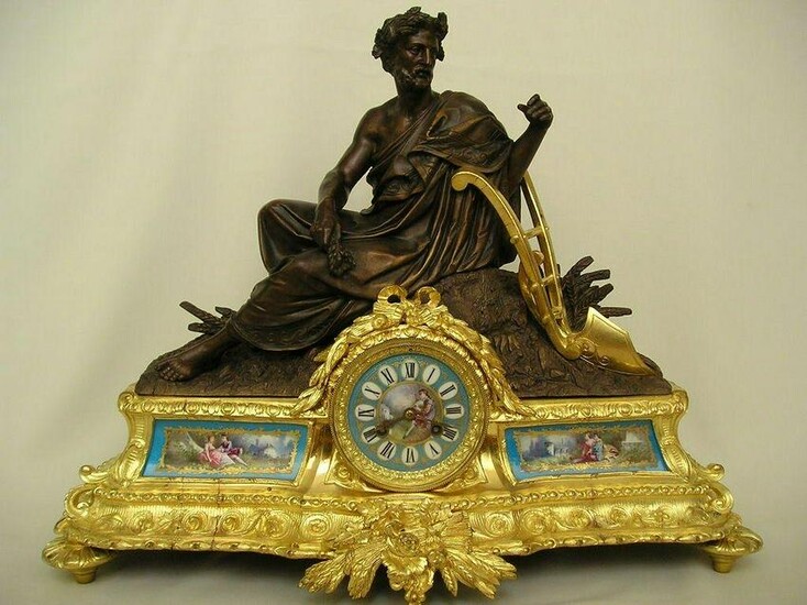 Large Antique Allegorical Figural Gilt Bronze Clock