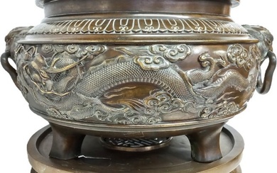 Large Antique Signed Chinese Ming To Qing Bronze Handled Footed Censor Jardiniere Dragon 1 Of 4