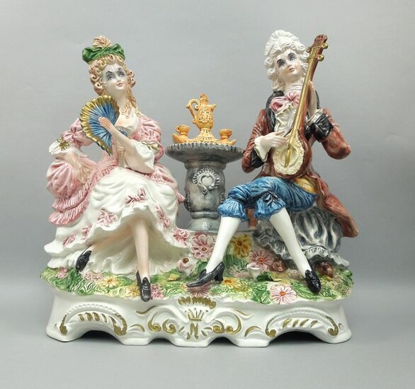 Large Capodimonte Porcelain Figural Group, Man & Woman.