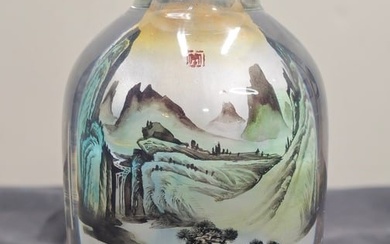 Chinese Signed Reverse Painted Glass Bottle