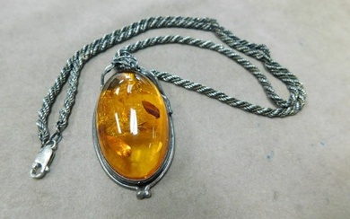 Large Silver Honey Amber Pendant w/Chain