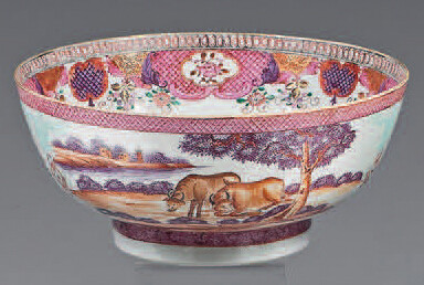 Large porcelain bowl. Qianlong, 18th century. Decorated with enamels of the Rose Family, outside buffaloes and deer in lake landscapes and bunches of flowers in turquoise flower cartridges a sgraffito between two braids, the inside edge of a large...