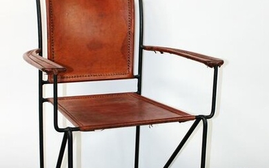 Leather armchair with wrought iron frame