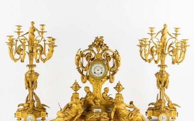 Lerolle Paris, a three-piece mantle garniture clock and candelabra, gilt bronze. France, 19th C.