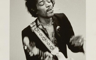 Linda McCartney, British 1941-1998- Jimi Hendrix; silver gelatin print on Agfa paper, sheet 25.4 x 20cm (unframed) (ARR) Note: This photo was acquired by a relation of the vendor directly from Linda McCartney, when working with Gene Nocon the...