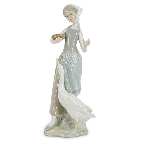 Lladro "Girl Feeding Goose" Glazed Porcelain Figurine